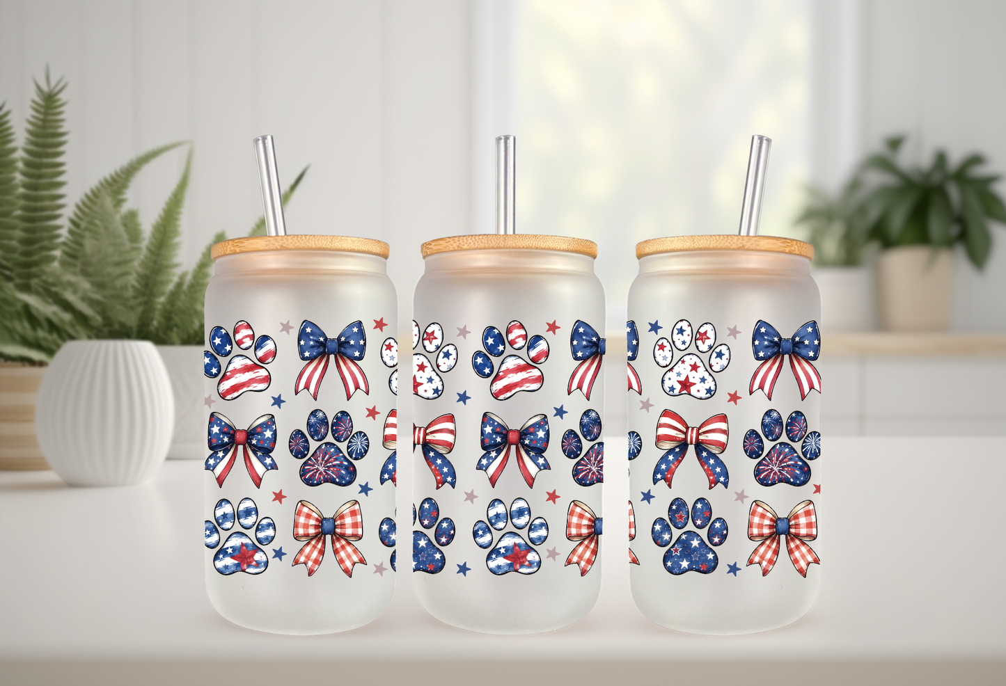 Patriotic Paw Print Coquette Bow UVDTF Wrap - 16oz Can Glass Summer Decal
