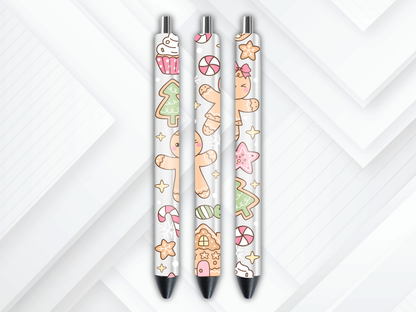 UV DTF pen wrap featuring gingerbread theme, sized for standard pens with peel-and-stick application.