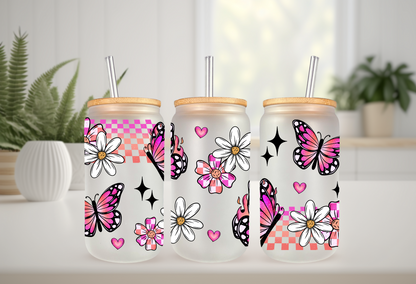 UVDTF Wrap Butterfly Daisy Checker for 16oz Can Glass Mug Tumbler, Butterfly Wrap, Ready to apply, Permanent Waterproof Adhesive