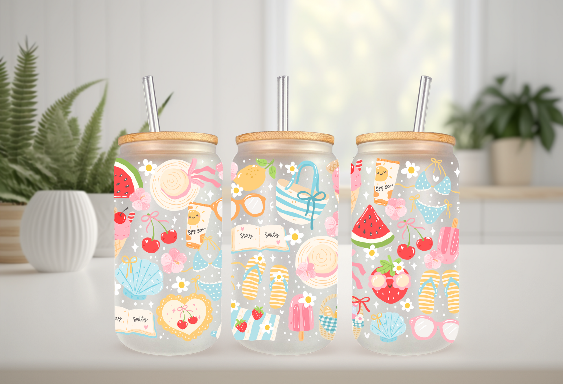 Mockup of a 16oz can glass wrap featuring retro summer elements including a Stay Salty motel key tag, sunglasses, smiling cherries, and flip flops on a clear background.