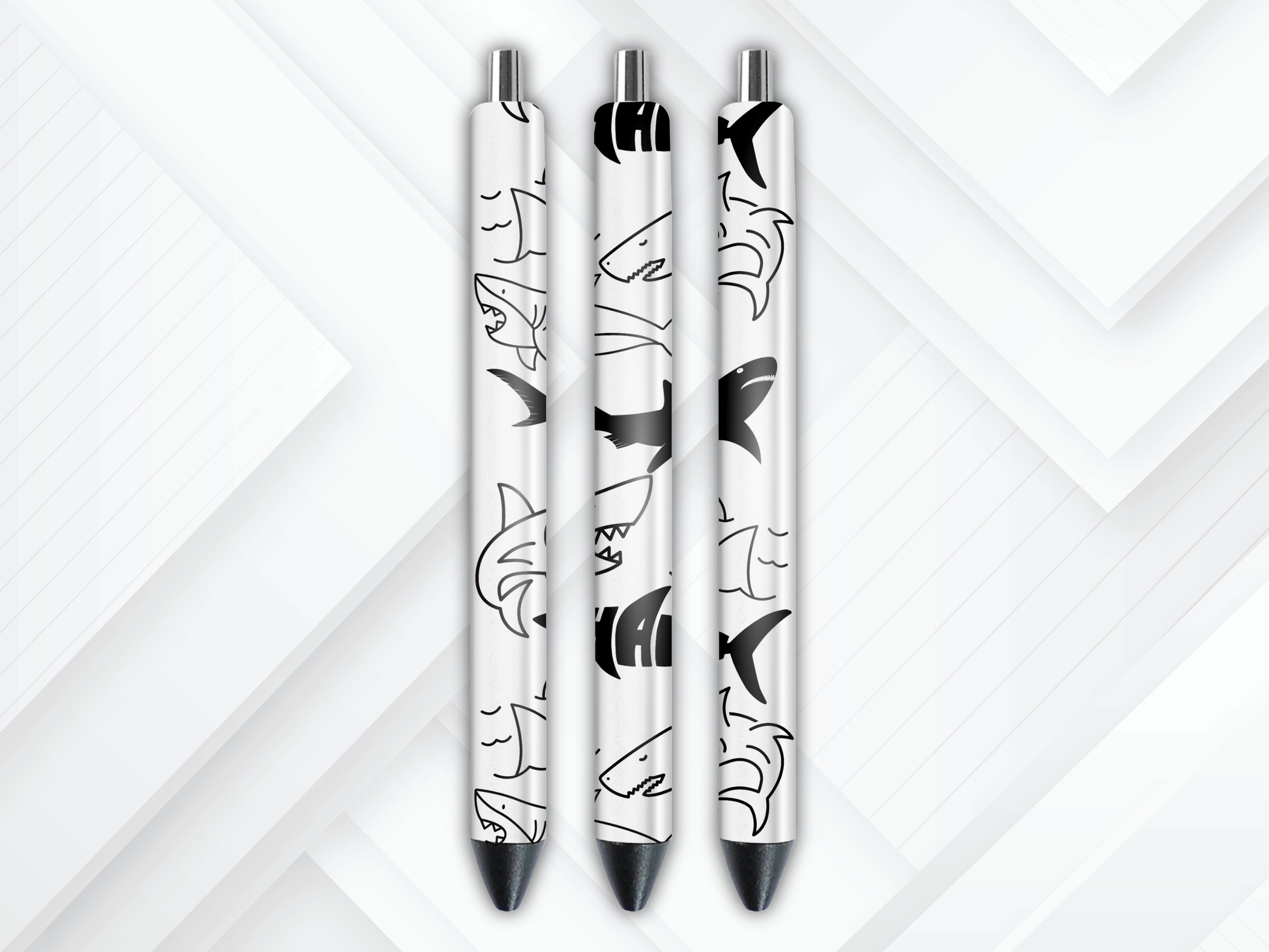Seamless repeating pattern of white and gray sharks on a black background, featuring a 3D embossed glossy texture for UV DTF pen wrapping.