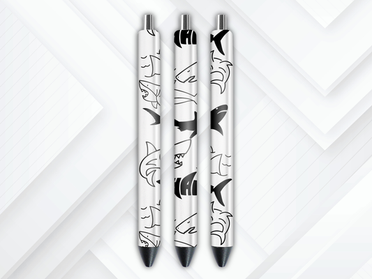 Seamless repeating pattern of white and gray sharks on a black background, featuring a 3D embossed glossy texture for UV DTF pen wrapping.