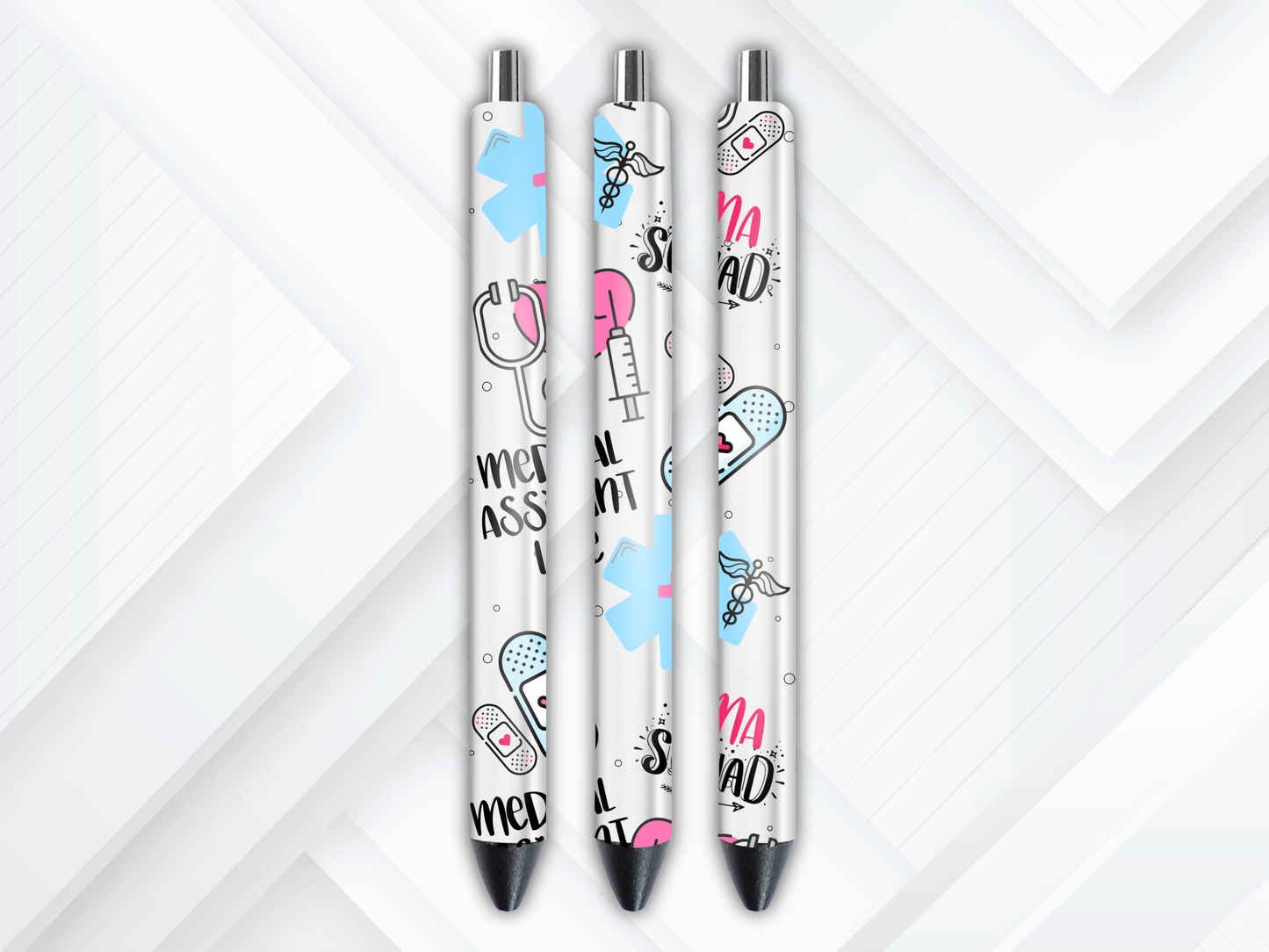 UV DTF pen wrap featuring medical assistant theme, sized for standard pens with peel-and-stick application.
