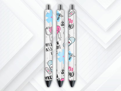 UV DTF pen wrap featuring medical assistant theme, sized for standard pens with peel-and-stick application.