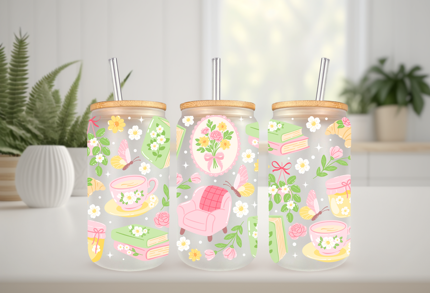 UV DTF wrap for 16oz glass can featuring floral book, peel-and-stick application.