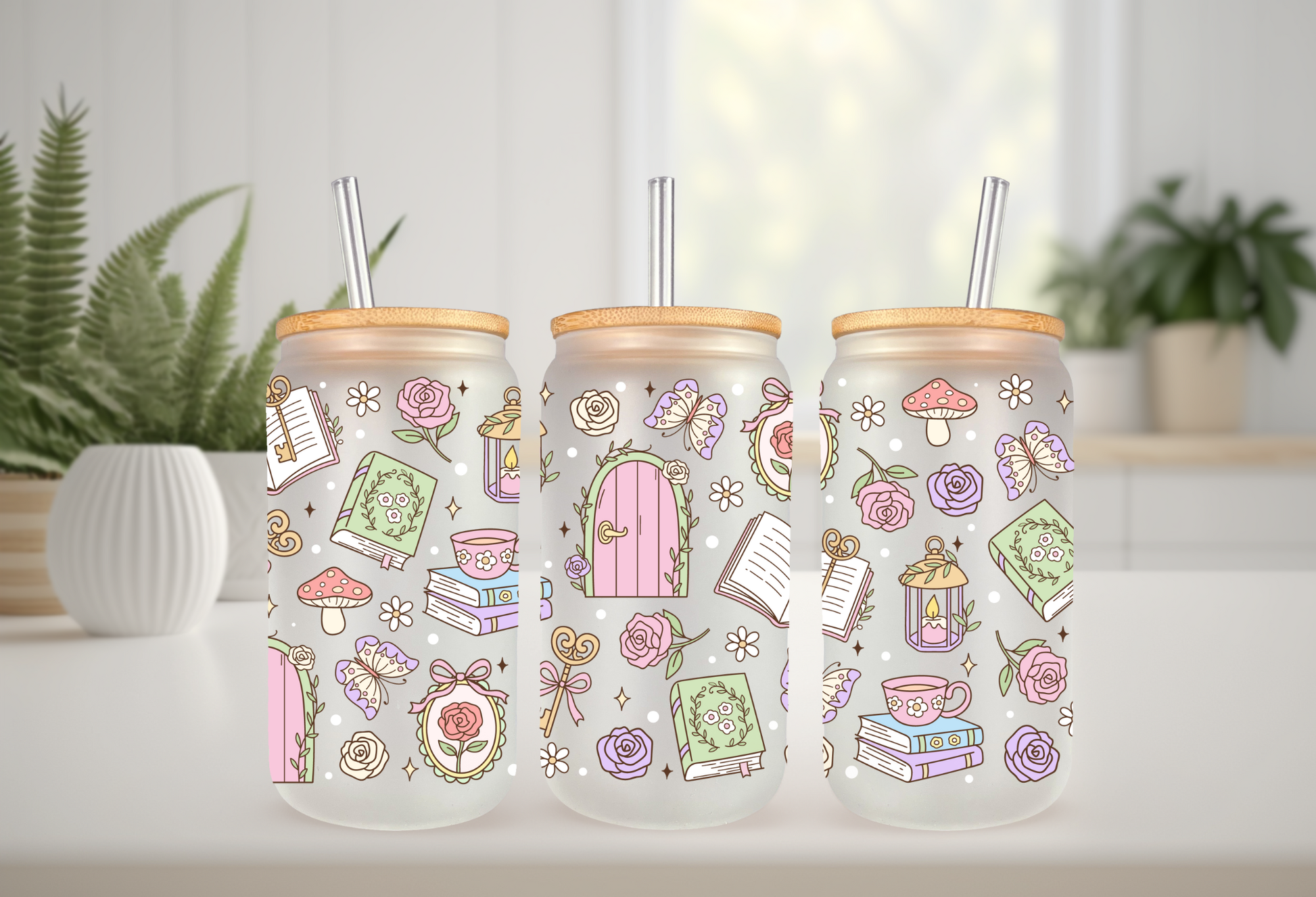 Mock-up of a Secret Garden Books UVDTF wrap for a 16oz can glass, featuring colorful book spines and pastel floral illustrations.