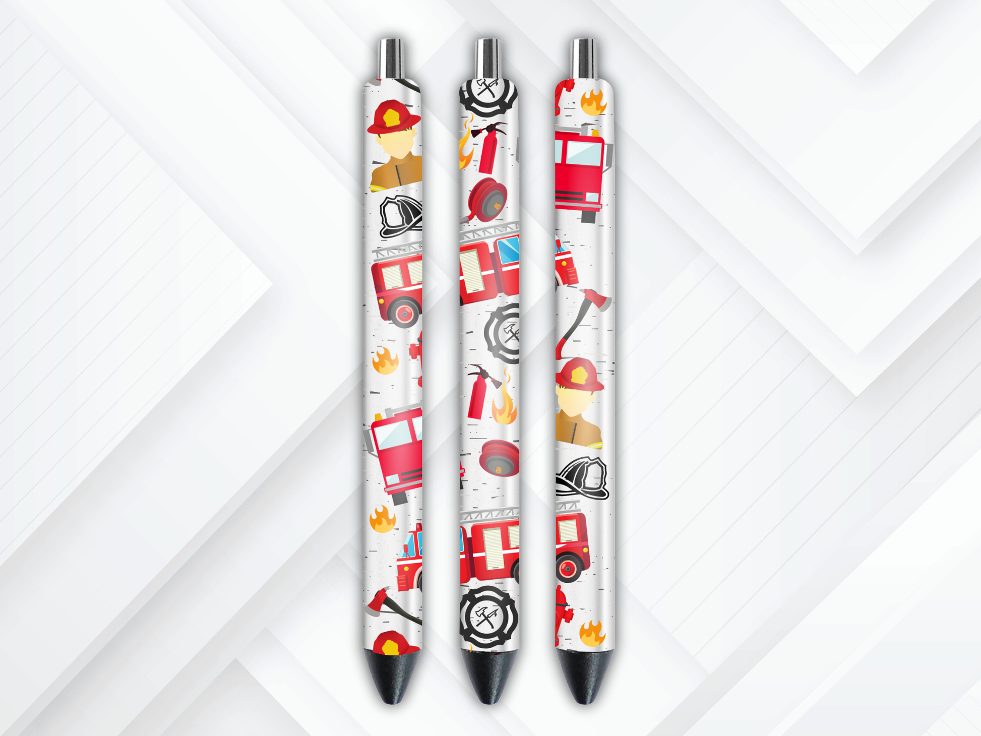 UV DTF pen wrap featuring firefighter, sized for standard pens with peel-and-stick application.