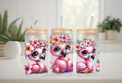 Floral Pink Flamingo UVDTF Wrap For 16oz Can Glass Tumbler, Ready to apply, Permanent Waterproof Adhesive