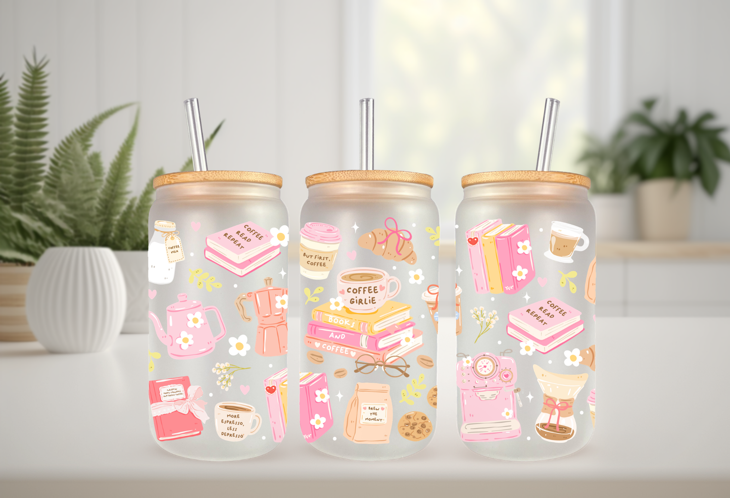 Mockup of a 16oz can glass wrap featuring a pastel aesthetic design with book stacks, a pink retro espresso machine, and mugs reading Coffee Girlie.