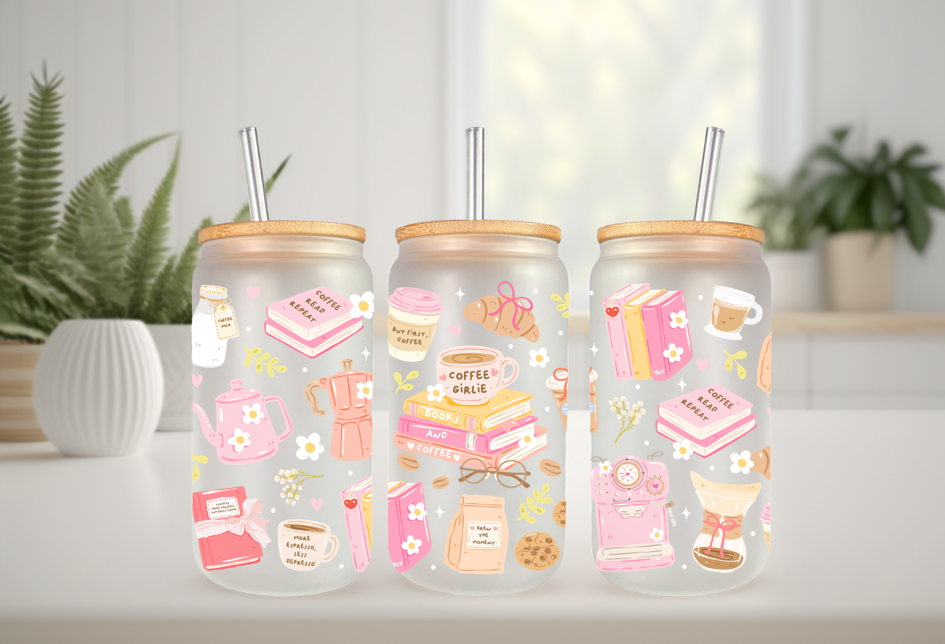 Mockup of a 16oz can glass wrap featuring a pastel aesthetic design with book stacks, a pink retro espresso machine, and mugs reading Coffee Girlie.