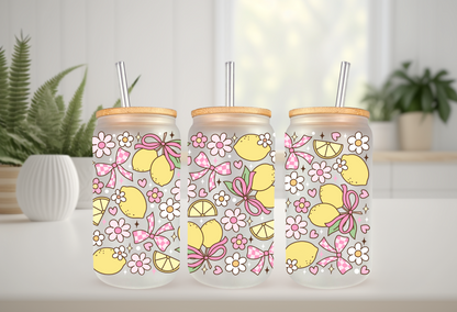 UVDTF Wrap Lemon Daisy Bow Checkered for 16oz Can Glass Mug Tumbler, Ready to apply, Permanent Waterproof Adhesive