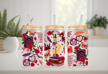 Romantic Fantasy UV DTF Cup Wrap, 16oz Can Glass & Tumbler Decal  Red Dragon, Roses, Books, Butterflies  Waterproof Permanent Sticker