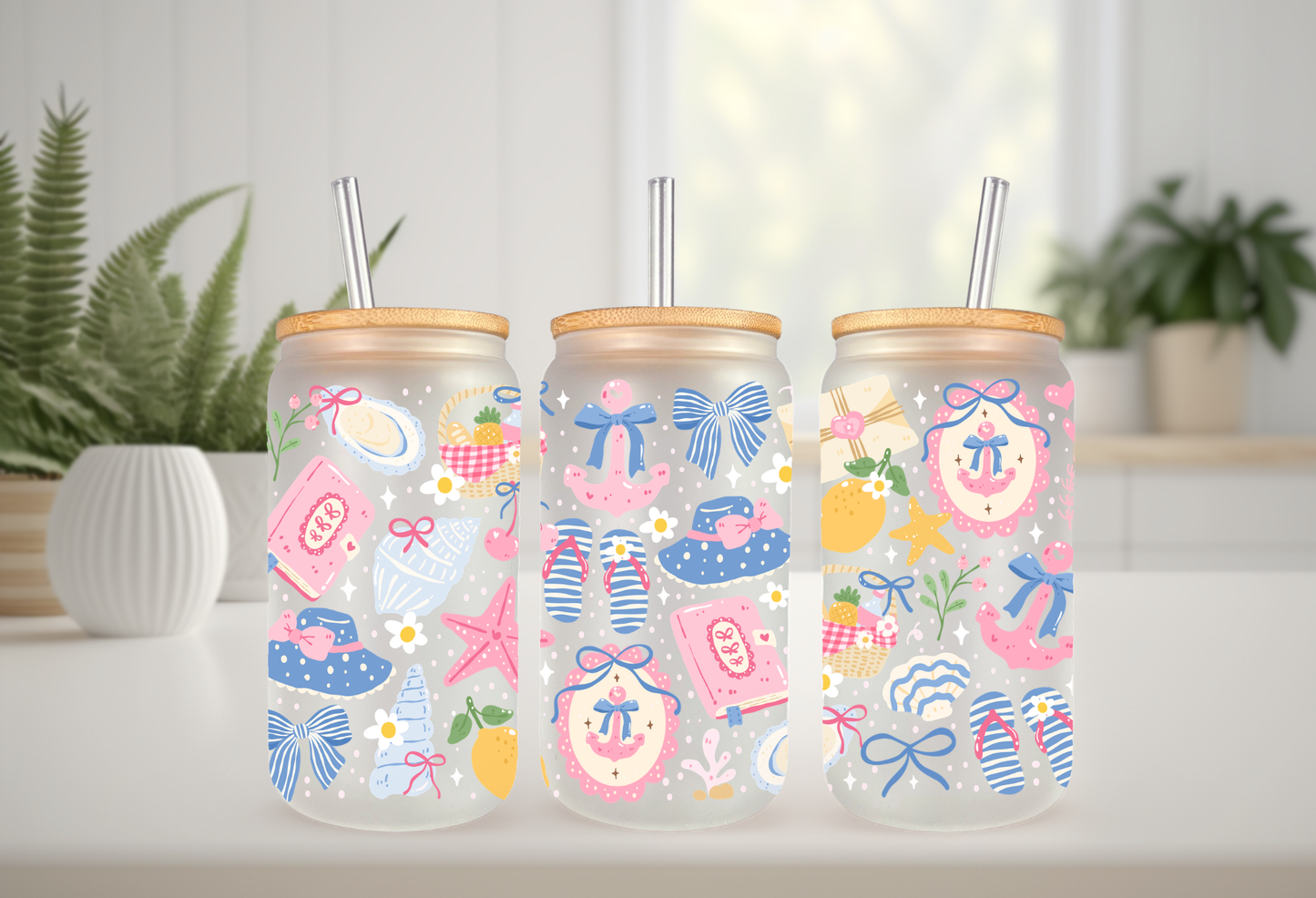 16oz can glass wrap featuring a pastel coastal design with pink and blue coquette bows, beach umbrellas, a vintage radio, and a Stay Salty motel key tag.