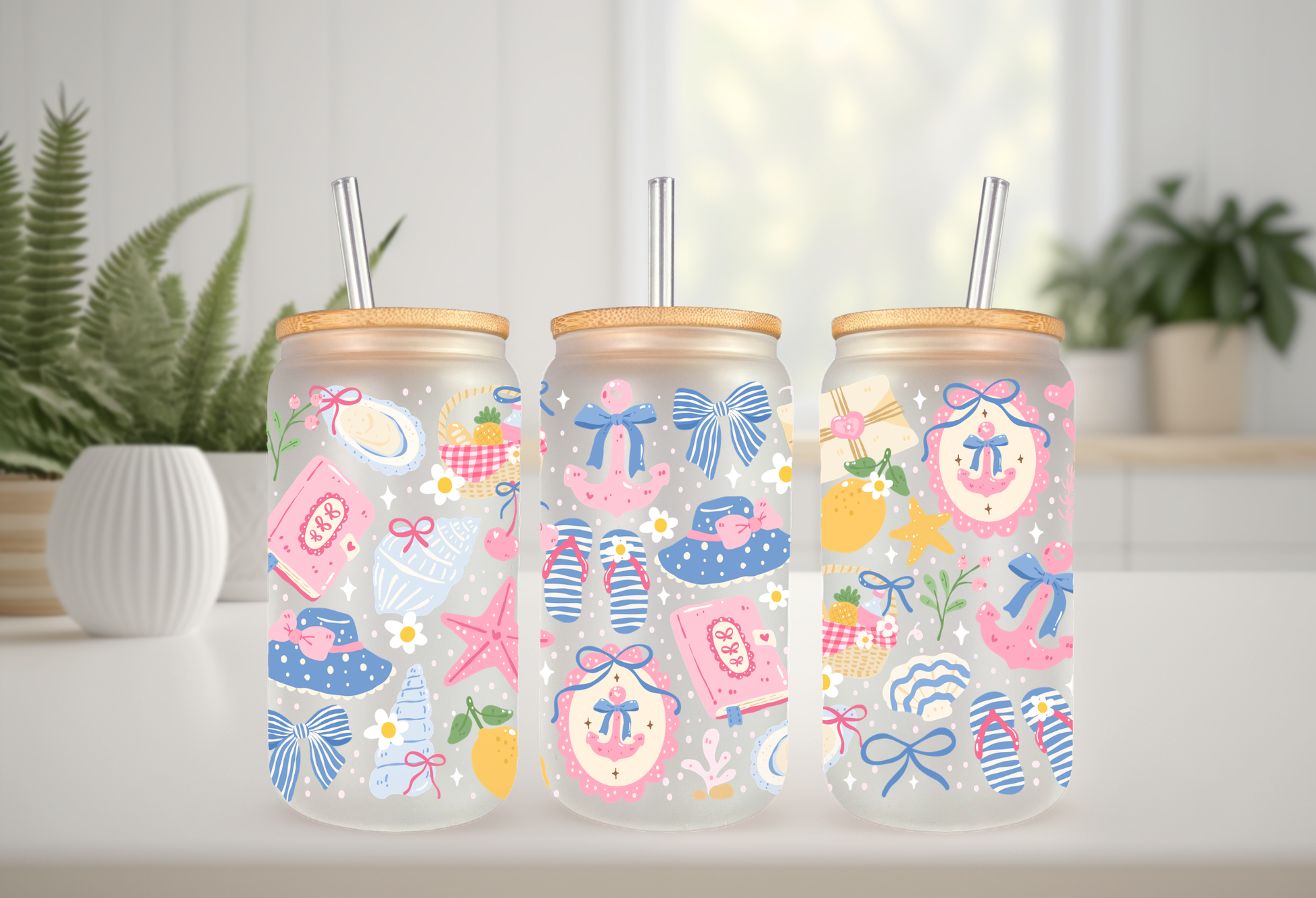 16oz can glass wrap featuring a pastel coastal design with pink and blue coquette bows, beach umbrellas, a vintage radio, and a Stay Salty motel key tag.
