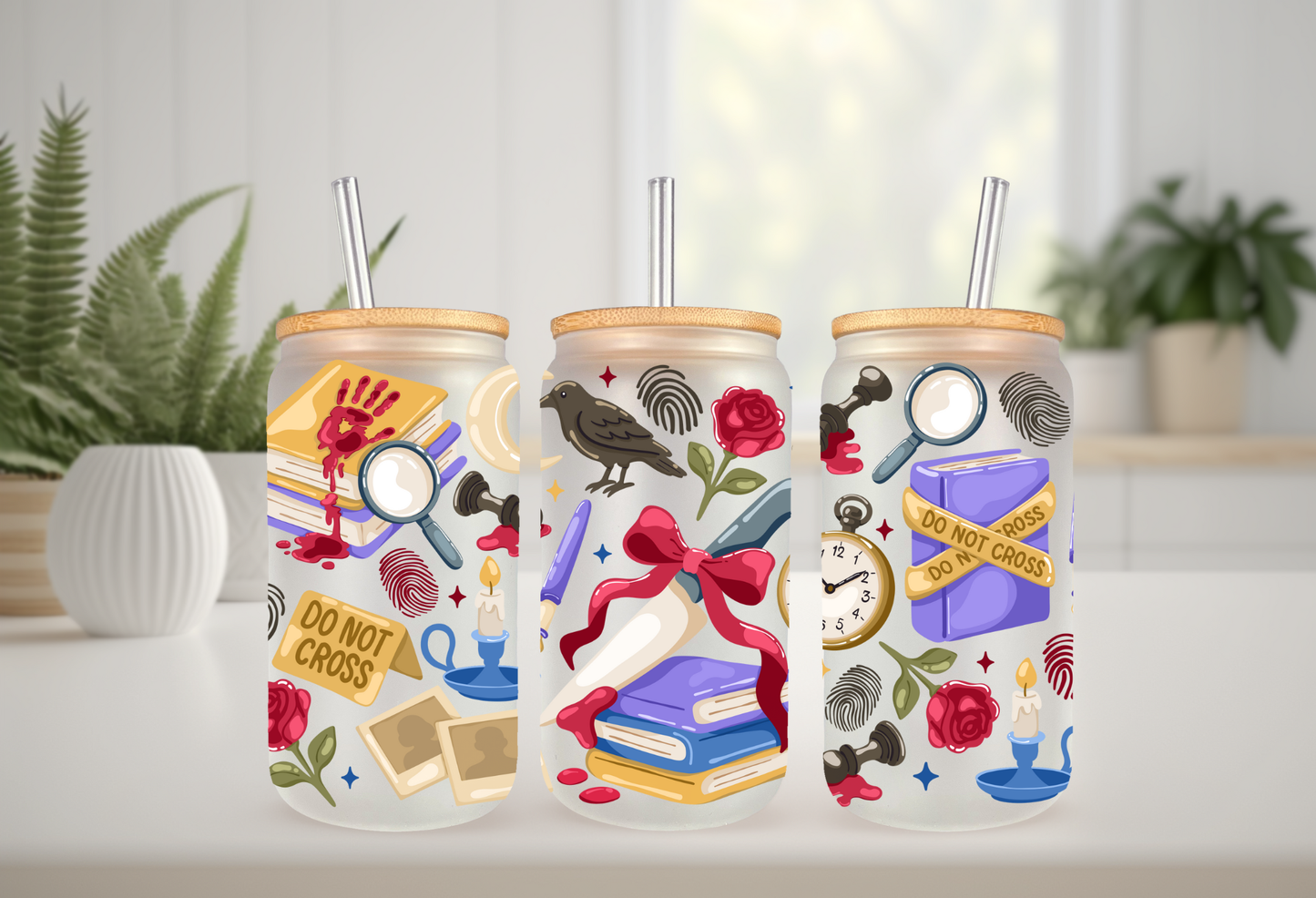 Mystery Crime Scene UVDTF Cup Wrap, 16oz Can Glass Blood Books, Raven, Dagger, Fingerprints