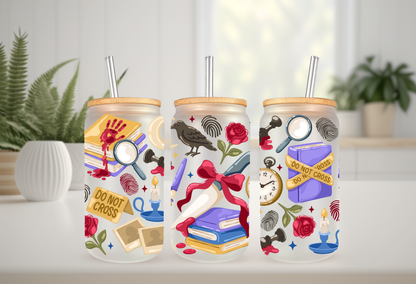 Mystery Crime Scene UVDTF Cup Wrap, 16oz Can Glass Blood Books, Raven, Dagger, Fingerprints
