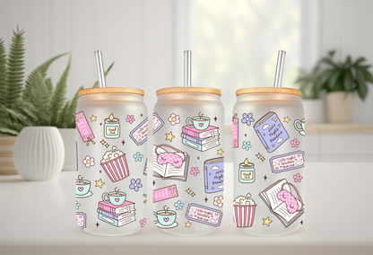 UVDTF wrap mock-up for 16oz Libbey can glass, featuring library-themed book and floral graphics for book lovers.