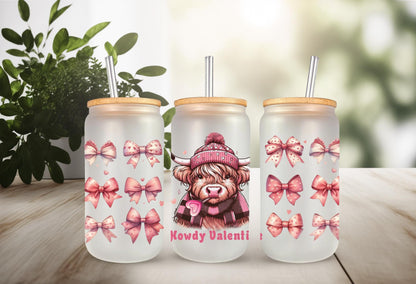 UVDTF Wrap Highland Cow Valentine Howdy 16oz Can Glass Mug Tumbler, Ready to Apply, Permanent Waterproof Adhesive