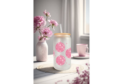 UVDTF Wrap Pink Disco Ball  16 oz Can Glass Mug Tumbler, Ready to apply, Permanent Waterproof Adhesive, Add on a Can Glass