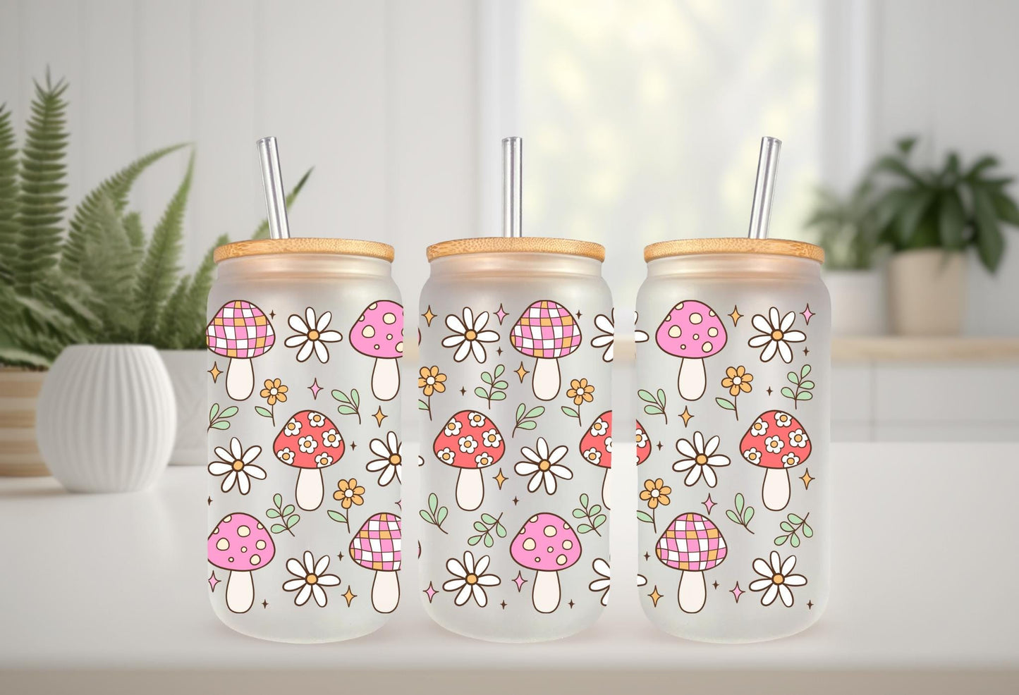 UVDTF Wrap Mushroom Daisy Bow 16oz Can Glass Mug Tumbler, Spring Mushroom Wrap, Ready to apply, Permanent Waterproof Adhesive