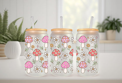 UVDTF Wrap Mushroom Daisy Bow 16oz Can Glass Mug Tumbler, Spring Mushroom Wrap, Ready to apply, Permanent Waterproof Adhesive