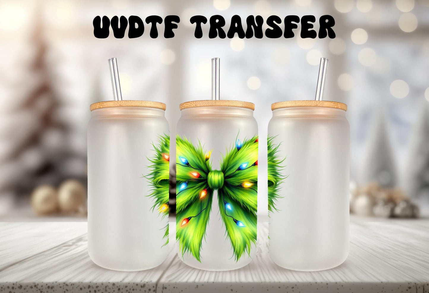 UVDTF Decal Green Guy Coquette Bow Christmas Lights 16oz Can Glass Mug Tumbler, Christmas Decal, Ready to apply, Permanent Adhesive