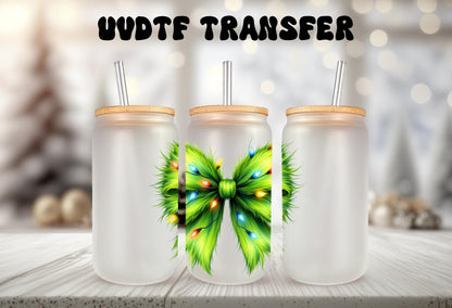UVDTF Decal Green Guy Coquette Bow Christmas Lights 16oz Can Glass Mug Tumbler, Christmas Decal, Ready to apply, Permanent Adhesive