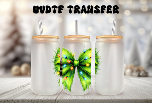 UVDTF Decal Green Guy Coquette Bow Christmas Lights 16oz Can Glass Mug Tumbler, Christmas Decal, Ready to apply, Permanent Adhesive
