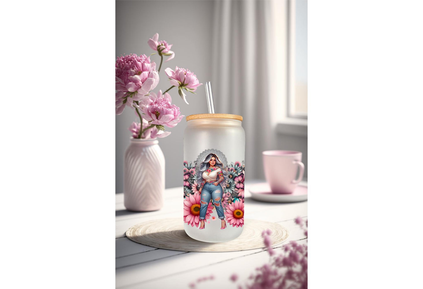 UVDTF Wrap Floral Butterfly Inked Curvy 16oz Can Glass Wrap Mug Tumbler, Inked Girl Wrap, Ready to Apply, Permanent Waterproof Adhesive