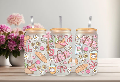 UVDTF Wrap Spring Picnic Sourdough 16oz Can Glass Mug Tumbler, Spring Picnic Wrap, Ready to apply, Permanent Waterproof Adhesive