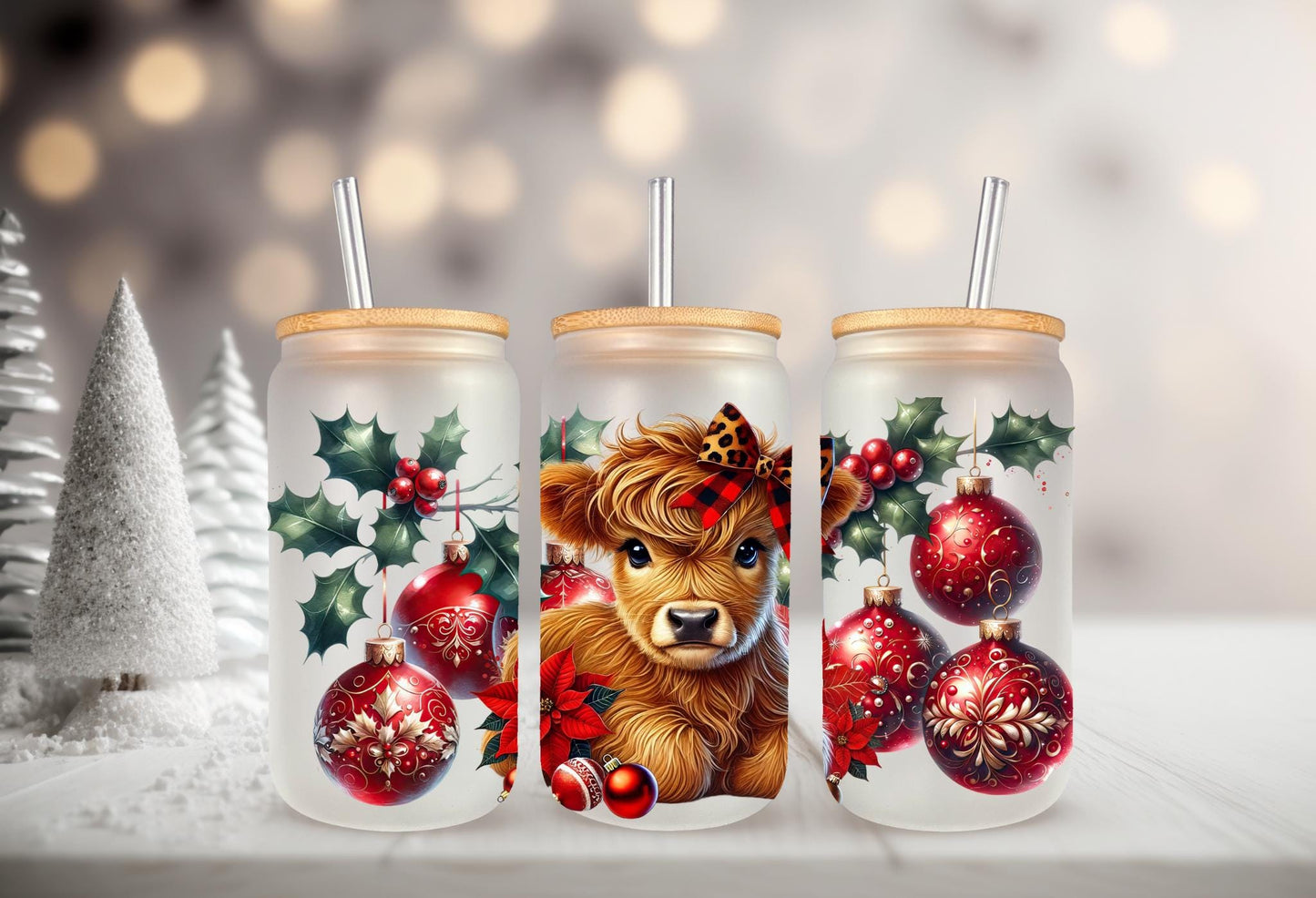 UVDTF Wrap Highland Cow Ornaments Poinsettia 16oz Can Glass Mug Tumbler, Ready to Apply, Permanent Waterproof Adhesive