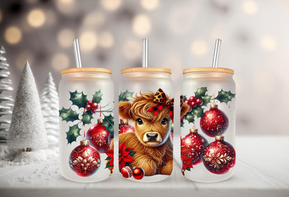 UVDTF Wrap Highland Cow Ornaments Poinsettia 16oz Can Glass Mug Tumbler, Ready to Apply, Permanent Waterproof Adhesive