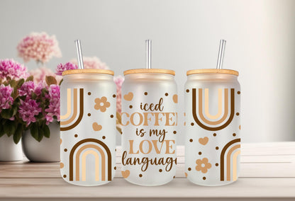 UVDTF Wrap Boho Coffee Daisy 16oz Can Glass Mug Tumbler, Coffee is my Love Language Wrap, Ready to apply, Permanent Waterproof Adhesive