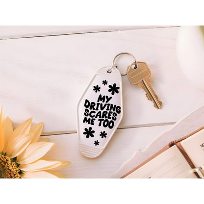 UVDTF Decal Motel Keychain My Driving Scares Me Too, Funny Decal, Ready to Apply, Permanent  Adhesive, Single/Set of 5 Keychain Decals