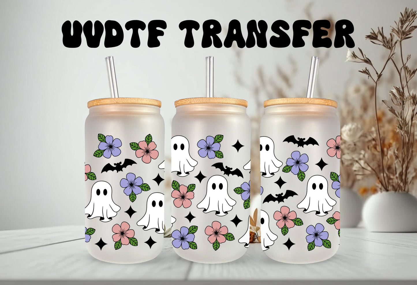UVDTF Wrap Halloween Floral Ghosts Bats 16oz Can Glass Mug 40oz, Ready to apply, Permanent Waterproof Adhesive