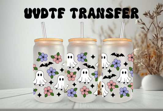 UVDTF Wrap Halloween Floral Ghosts Bats 16oz Can Glass Mug 40oz, Ready to apply, Permanent Waterproof Adhesive
