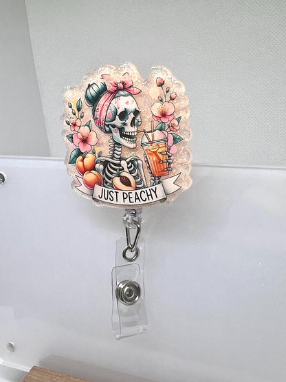 Just Peachy Badge Reel – Glittery Skeleton with Peaches and Flowers, Fun Retractable ID Holder