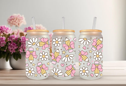UVDTF Wrap Pencil Teacher Bow 16oz Can Glass Mug Tumbler, Teacher Wrap, Ready to apply, Permanent Waterproof Adhesive, Double Sided Print