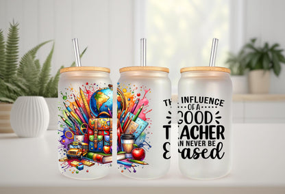 UVDTF Wrap Good Teacher 16oz Can Glass Mug Tumbler, Teacher Gift, Ready to Apply, Permanent Waterproof Adhesive