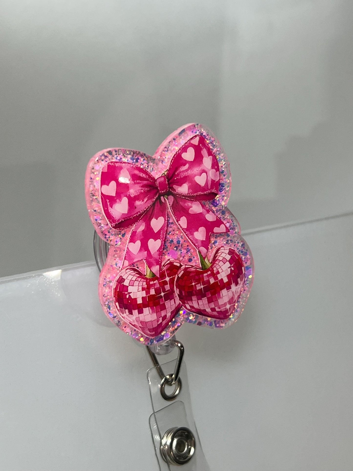 Badge Reel Bow - Disco Cherry Design Retractable ID Badge Holder Gift