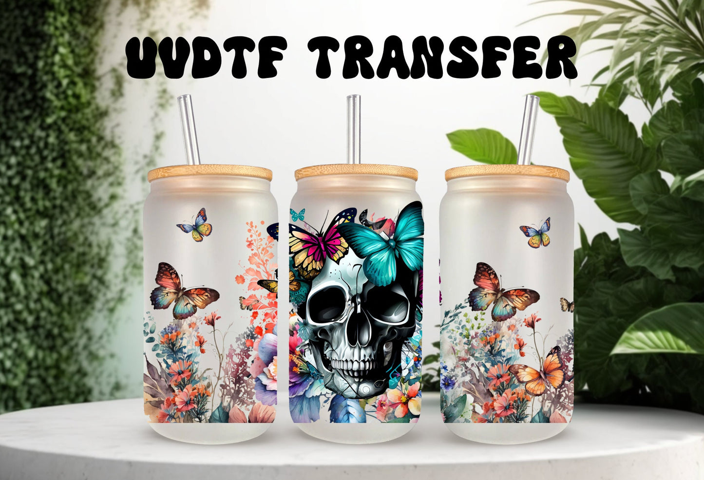 Glass Mug Tumbler Wrap – 16oz Can Skull Floral Butterfly Double Sided Sticker