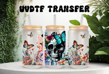 Glass Mug Tumbler Wrap – 16oz Can Skull Floral Butterfly Double Sided Sticker