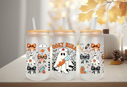 UVDTF Wrap Spooky Nurse Ghost Coquette Bows 16oz Can Glass, Mug, Tumbler, Halloween Wrap, Permanent Adhesive
