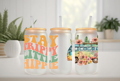 UVDTF Wrap Retro Stay Trippie Little Hippie Van 16oz Can Glass Mug Tumbler, Ready to apply, Permanent Waterproof Adhesive