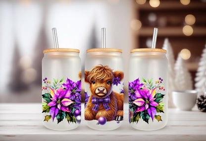 UVDTF Wrap Highland Cow Poinsettias Ornaments Purple 16oz Can Glass Mug Tumbler, Ready to Apply, Permanent Waterproof Adhesive