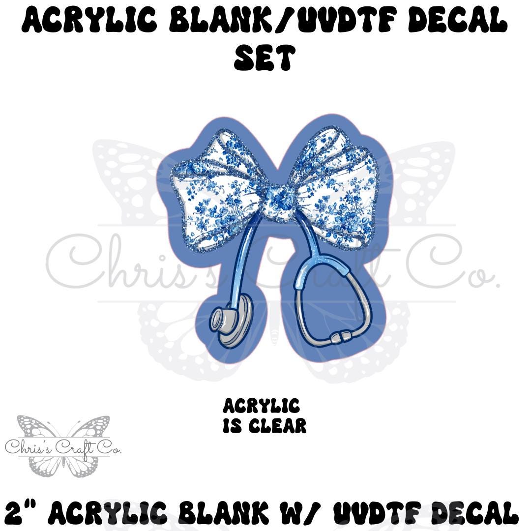 Coquette Bow Floral Stethoscope Blue Acrylic Blank Decal Set, DIY Badge Reels, Bow Blank UVDTF sticker, Unfinished Badge Reel, Badge Blanks