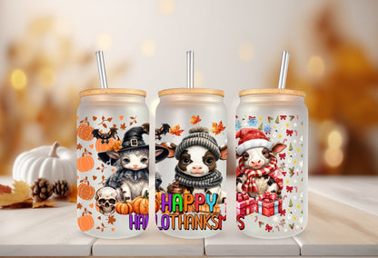 UVDTF Wrap Cows Happy Hallothankmas 16oz Can Glass Mug Tumbler, Ready to Apply, Permanent Waterproof Adhesive