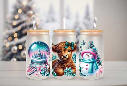 UVDTF Wrap Highland Cow Snowman Snow Globe, Christmas