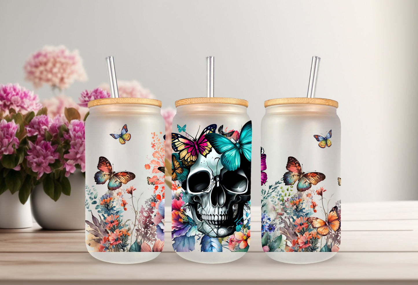 Glass Mug Tumbler Wrap – 16oz Can Skull Floral Butterfly Double Sided Sticker
