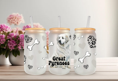 UVDTF Wrap Great Pyrenees 16oz Can Glass Mug Tumbler, Dog Wrap, Ready to apply, Permanent Waterproof Adhesive, Bundle Save Option